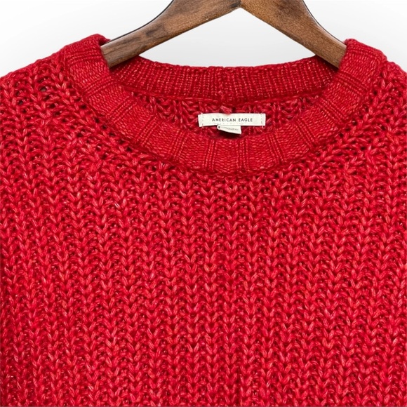 American Eagle Pullover Sweater Women Size Medium Red Crew Neck Waffle Knit - Picture 2 of 6